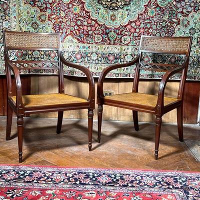 (2pc) PAIR FEDERAL CHAIRS  |  Bentwood arms, with caned and openwork backrest and caned seats, over back splayed legs and tapering front...