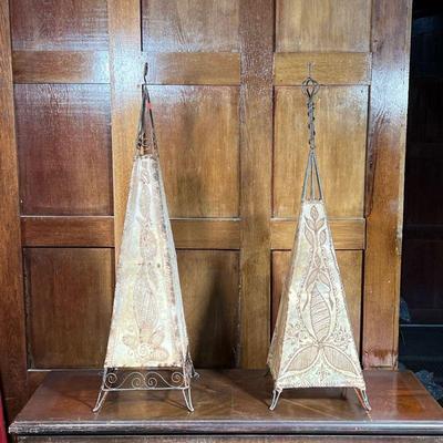 (2pc) WROUGHT IRON DRUMSKIN SHADES  |  Each decorated with pattern - h. 44 in. (tallest)