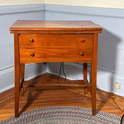 COUNTRY SEWING TABLE  |  False drawer front door, hinged lid to reveal workspace with a Wakefield "Domestic" Sewing Machine...