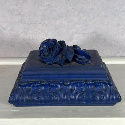 BLUE CARVED WOOD BOX  |  Carved and blue painted wood box with a lift top lid having an intricately carved floral top / handle - l. 9 x...