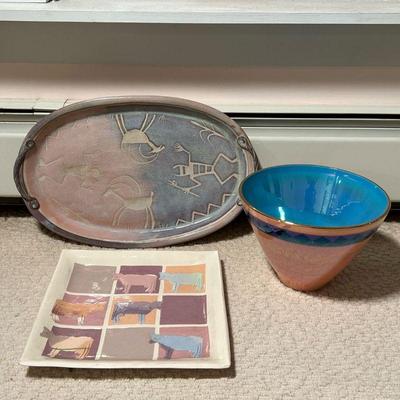 (3pc) PASTEL CERAMICSC  |  Including a shiny vase with pink iridescent glaze and a purple diamond border, signed Richard Cohen and dated...