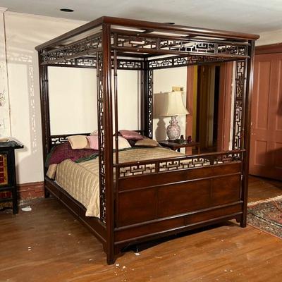 OPIUM BED |  Fancy canopy bed with ornately carved and nicely figured wood frame, fits queen-size mattress (approx. 80 x 60 in.) -...