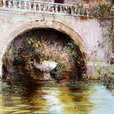 VILLA OIL PAINTING  |  Oil on canvas, signed lower left, showing a lakefront villa in a landscape, in a gilt frame - sight 35 x 50 in. -...
