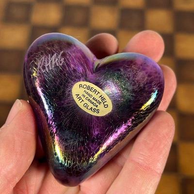(3pc) ROBERT HELD ART GLASS  |  Small iridescent art glass hearts, each signed on the bottom - l. 2.5 x w. 2.25 in. (each approx)