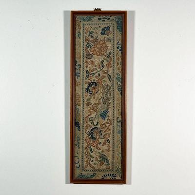 CHINESE EMBROIDERED PANEL  |  Showing aquatic figures and flowers - w. 7 1/4 x h. 22 1/4 in. (frame)