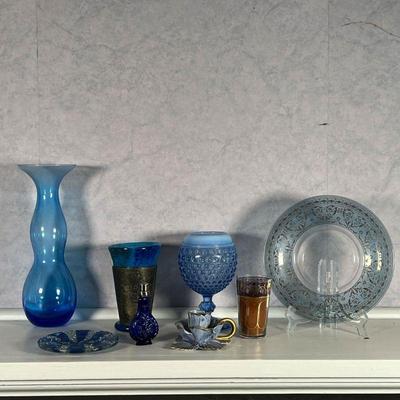 (7pc) COLLECTION DECORATIVE OBJECTS  |  Including a blue glass vase, a blue dotted glass vase cup, a Portuguese cobalt blue perfume...