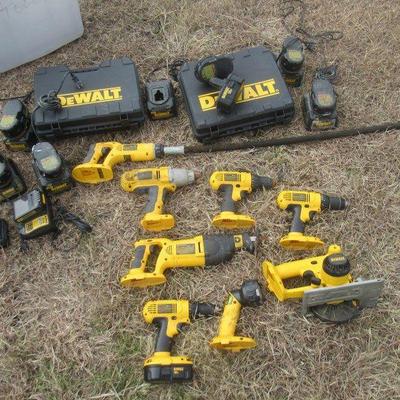 HUGE LOT OF DEWALT BATTERY, OPERATED POWER, TOOLS, DRILLS, SAWS, LIGHTS, BATTERY, CHARGERS, BATTERIES CASES, ETC
