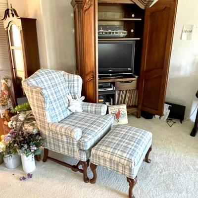 wing-back chair and ottoman, TV, Stereo, Vinyl Records, CD's, etc