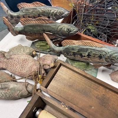Decorative Ceramic String of Fish and  Set of three Wooden Fish on stands 