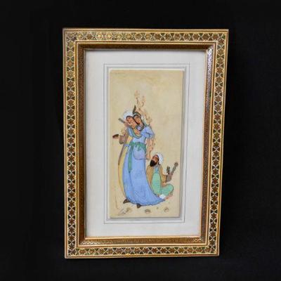 Persian Khatam Marquetry Frame Camel Bone Painting