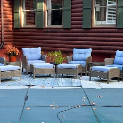 Outsunny wicker set: 2 chairs, 2 ottomans, 1 table w/ glass top $250 x 3 sets 
2 sets SOLD 1 left