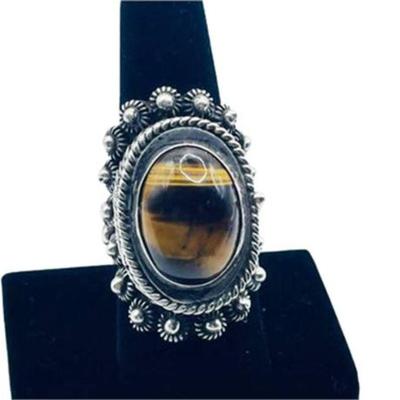 Lot 010
Signed Taxco Jesus Tiger Eye Silver Poison Ring