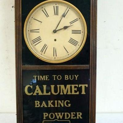 1134	ANTIQUE WALL CLOCK, REPAIRED GLASS BOTTOM, CALMUT BAKING POWDER, APPROXIMATELY 5 IN X 17 IN X 39 IN
