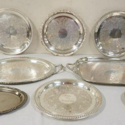 1110	LOT OF 8 ASSORTED SILVERPLATE TRAYS, LARGEST IS APPROXIMATELY 13 IN X 22 IN

