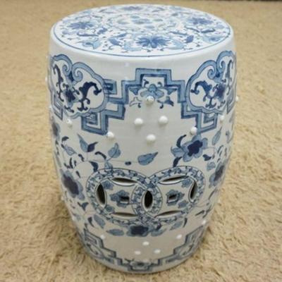 1275	ASIAN POTTERY BLUE AND WHITE GARDEN SEAT, APPROXIMATELY 12 IN X 18 IN
