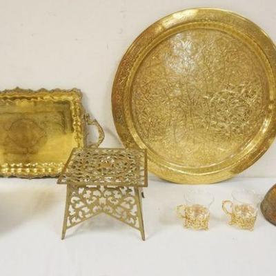 1098	LOT OF ASSORTED BRASS ITEMS INCLUDING 2 SERVING TRAYS, TRIVIT, 2 GLASS LINED HANDLED CUPS, HAND MADE FUNNEL STAMPED 1912, MIXED...