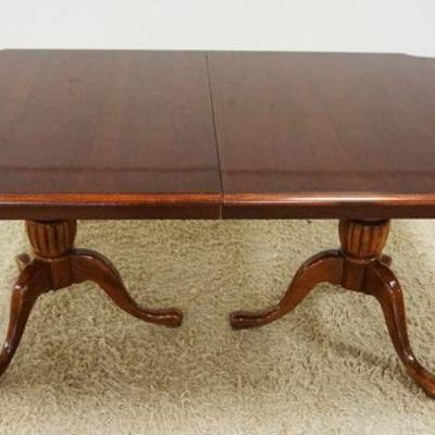 1215	AMERICAN DREW CHERRY FINISH DOUBLE PEDESTAL DINING TABLE WITH 2 LEAVES, APPROXIMATELY 42 IN X 66 IN X 29 IN H. EACH LEAF 14 IN
