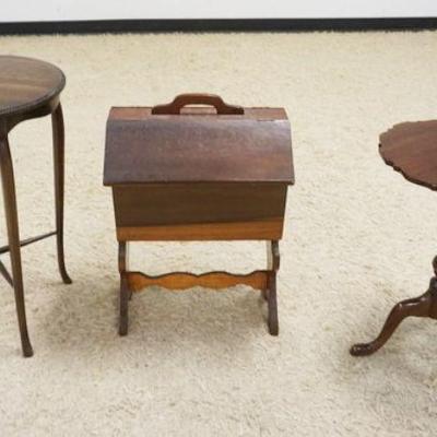 1295	3 PIECE LOT W/SEWING STAND, BRANDT LAMP TABLE & SMALL MAHOGANY PIE CRUST STAND
