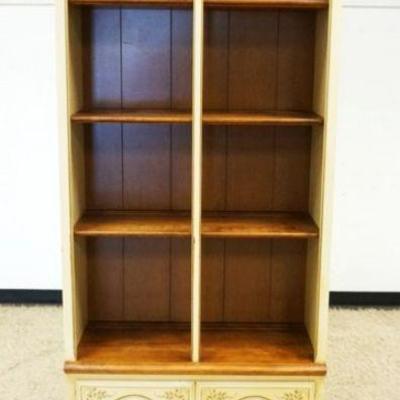 1211	ETHAN ALLEN BOOKCASE, PAINT DECORATED WITH DOUBLE PANELED DOORS AT BASE, AAPPROXIMATELY 30 IN X 14 IN X 80 IN H, SOME PAINT LOSS
