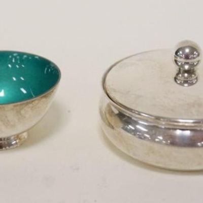1087	STERLING MINIATURE PILL/SACCHARINE COVERED BOX & TOWLE GREEN ENAMEL LINED STERLING BOWL, 1.9 TOZ
