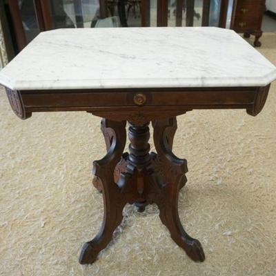 1210	VICTORIAN MARBLE TOP TABLE, APPROXIMATELY 20 IN X 28 IN X 30 IN H
