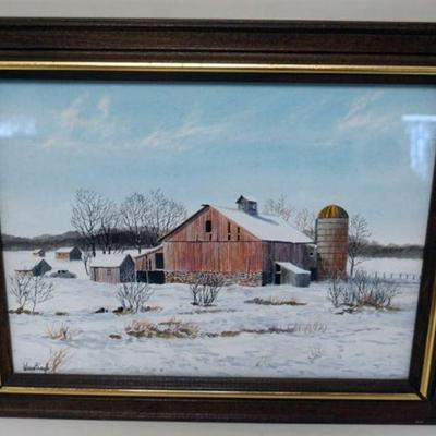 1128	FRAMED SIGNED PAINTING WINTER SCENE OF A BARN & OUTBUILDING ON A FARM, APPROXIMATELY 19 1/2 IN X 15 1/2 IN
