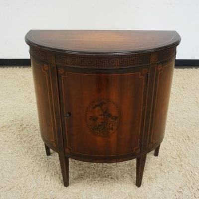1245	MAHOGANY PAINT DECORATED DEMILUNE 1 DOOR HALL OR ENTRY WAY STAND, APPROXIMATELY 14 IN X 30 IN X32 IN H
