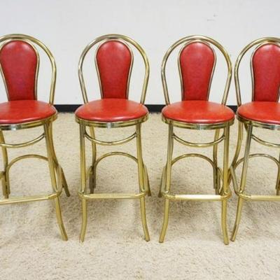 1250	LOT OF 4 BRASS BAR STOOLS WITH RED VINYL SEATS AND BACKS, APPROXIMATELY 44 IN H
