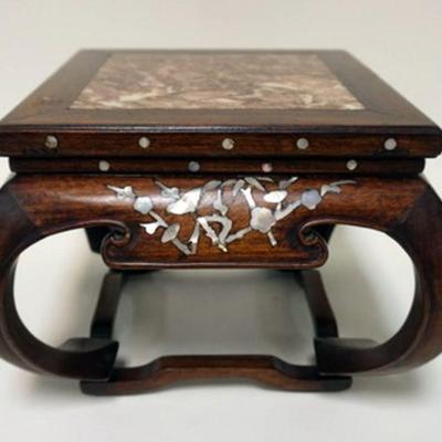 1060	ASIAN TABLE TOP STAND WITH MOTHER OF PEARL INLAID SIDES OF BIRDS ON BRANCH AND HAVING AN INSET MARBLE TOP, APPROXIMATELY 11 IN SQ X...