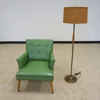 1229	MID CENTURY MODERN VINYL ARM CHAIR AND FLOOR LAMP, CHAIR APPROXIMATELY 25 IN X 25 IN X 32 IN H
