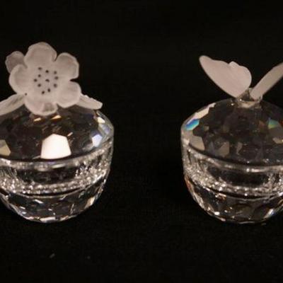 1014	SWAROVSKI CRYSTAL COVERED BOXES, BUTTERFLY AND FLOWER, APPROXIMATELY 2 1/2 IN H
