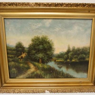 1127	ANTIQUE OIL PAINTING ON CANVAS OF COTTAGE ALONG STREAM W/PERSON IN A BOAT, APPROXIMATELY 20 IN X 16 IN OVERALL
