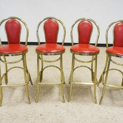 1251	LOT OF 4 BRASS BAR STOOLS WITH RED VINYL SEATS AND BACKS, APPROXIMATELY 44 IN H
