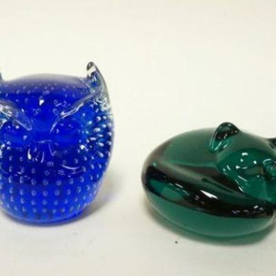 1075	LOT OF 4 BLOWN ART GLASS PAPERWEIGHTS INCLUDING A SLEEPING CAT & OWL, SPHERE W/SILVER SIGNED ON BACK & MURANO TORTICE SHELL PIN...