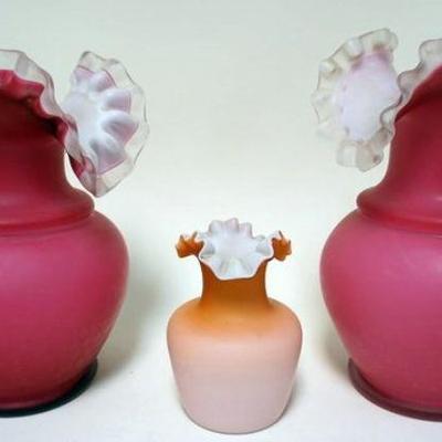1145	LOT OF 3 PEACH AND CRANBERRY SATIN GLASS VASES, TALLEST APPROXIMATELY 10 IN
