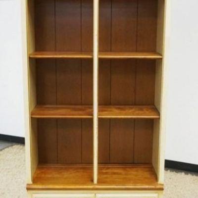 1212	ETHAN ALLEN BOOKCASE, PAINT DECORATED WITH DOUBLE PANELED DOORS AT BASE, AAPPROXIMATELY 30 IN X 14 IN X 80 IN H, SOME PAINT LOSS
