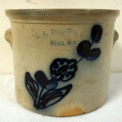 1167	WHITES UTICA BLUE FLOWER CROCK WITH REPAIRS, APPROXIMATELY 7 IN H
