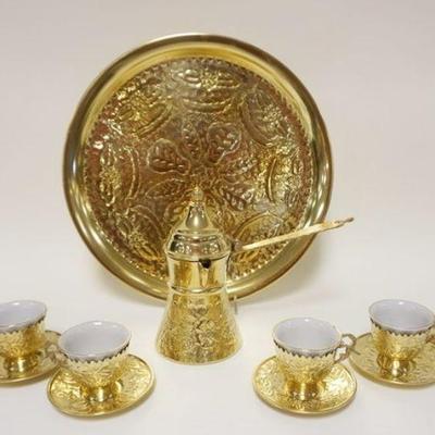 1094	BRASS TURKISH COFFEE SET INCLUDING TRAY, COFFEE POT & 6 PORCELAIN LINED CUPS & SAUCERS
