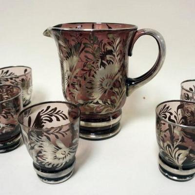 1135	AMETHYST WATER SET W/SILVER OVERLAY DESIGN, 8 IN PITCHER W/5 TUMBLERS
