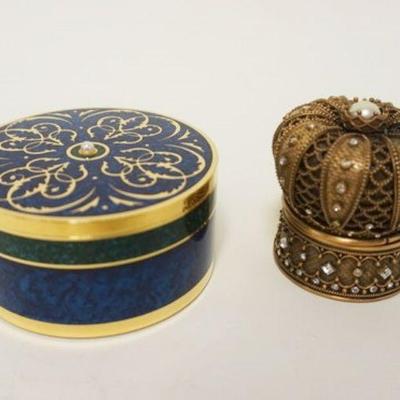 1032	MIKIMOTO BRASS ROUND ENAMELED COVERED BOX WITH PEARL AND KINGS CROWN COVERED BOX WITH PEARL, LARGEST APPROXIMATELY 2 1/4 IN H
