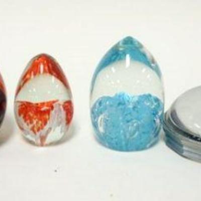 1074	LOT OF 6 ART GLASS PAPERWEIGHTS INCLUDING ORREFORS & MERCURY, LARGEST IS APPROXIMATELY 4 IN
