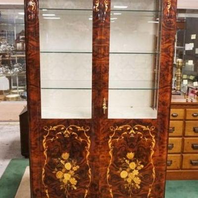 1259	OUTSTANDING ITALIAN LACQUERED BURLED WOOD 2 DOOR INLAID CRYSTAL CABINET WITH INTERIOR LIGHT AND ADJUSTABLE SHELVES, BEVELED GLASS...
