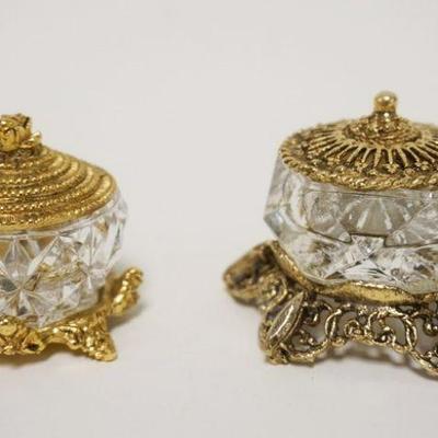 1021	LOT OF 2 ORNATE MINIATURE CRYSTAL AND GILT METAL PILL/SACCHARINE BOXES, 1 MARKED CELESTE ON BASE, APPROXIMATELY 2 1/4 IN
