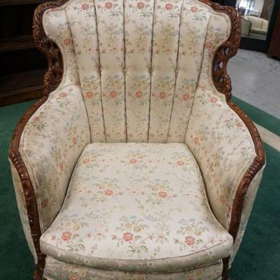 1218	TUFTED BACK FLORAL UPHOLSTERED ARM CHAIR, SOME DISCOLORATION ON ARMS
