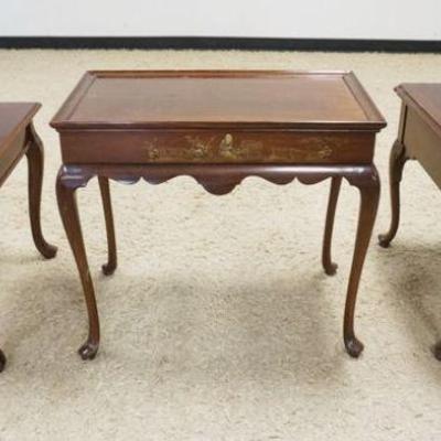 1299	3 MAHOGANY OCCASSIONAL TABLES/ LAMP STANDS, CENTER ONE HAS PULL OUT SIDES & ASIAN DESIGN, WEAR TO TOPS, LARGEST IS APPROXIMATELY 40...