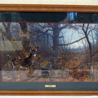 1165	FRAMED AND MATTED DEER PRINT SIGNED MICHAEL SIEVE, APPROXIMATELY 26 IN X 37 IN
