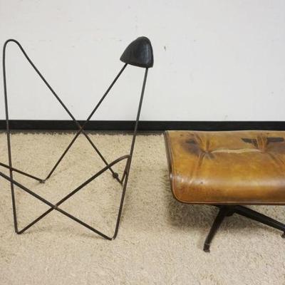 1284	MIDCENTURY MODERN STOOL W/NUT PLYWOOD & METAL BASE, RIPPED UPHOLSTERY & WIRE FRAME FOR CHAIR, WIRE FRAME IS APPROXIMATELY 34 IN HIGH
