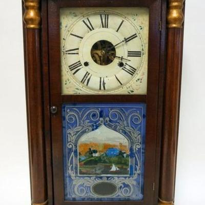 1133	ANTIQUE SETH THOMAS SHELF CLOCK, WEIGHT DRIVEN, PAINT LOSS ON REVERSE PAINTED GLASS, APPROXIMATELY 5 IN X 15 IN X 26 IN HIGH
