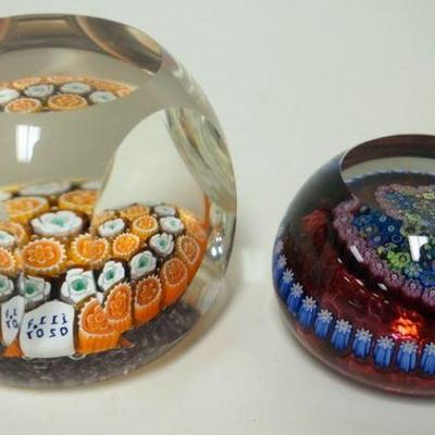 1081	2 ART GLASS MILLEFIORI PAPERWEIGHTS, TALLEST IS APPROXIMATELY 2 1/2 IN
