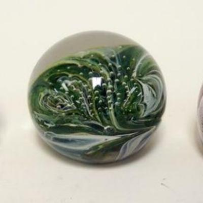 1076	3 ART GLASS PAPERWEIGHTS, ONE SIGNED MILROPA, LARGEST APPROXIMATELY 2 3/4 IN HIGH
